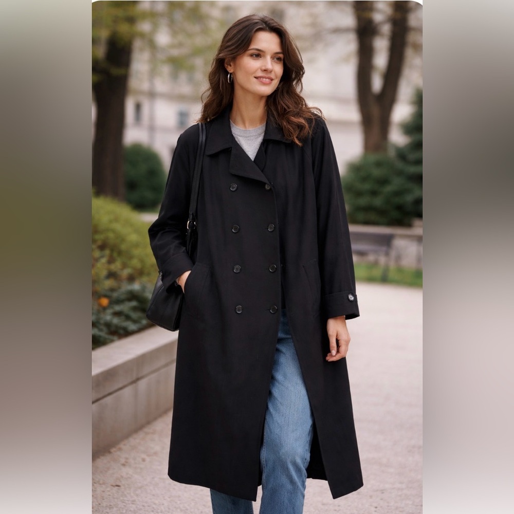 Vintage Gallery Long Black Classic Double Breasted Capsule Trench Coat Size 16P - Picture 1 of 11